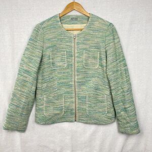 J. Jill Women’s Collarless Full Zip Tweed Jackets Sz Xs Wool Green Prickly Pear